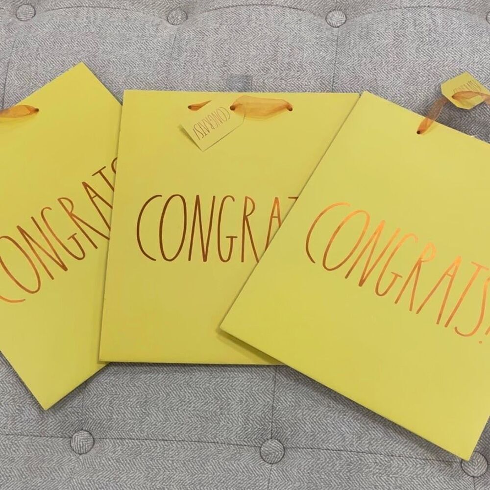 NWT 3 Rae Dunn Yellow with Gold letters “CONGRATS” Gift Bags with From:/to: card
